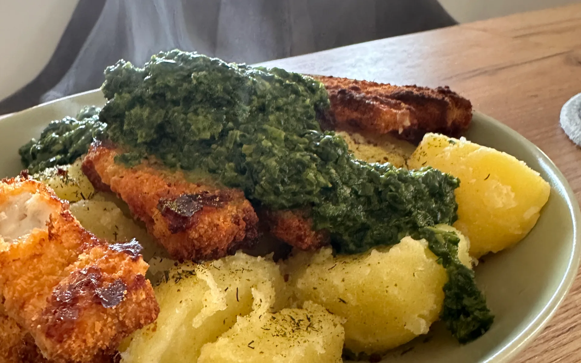 Golden Crispy Fish Sticks with Buttered Potatoes & Creamy Spinach